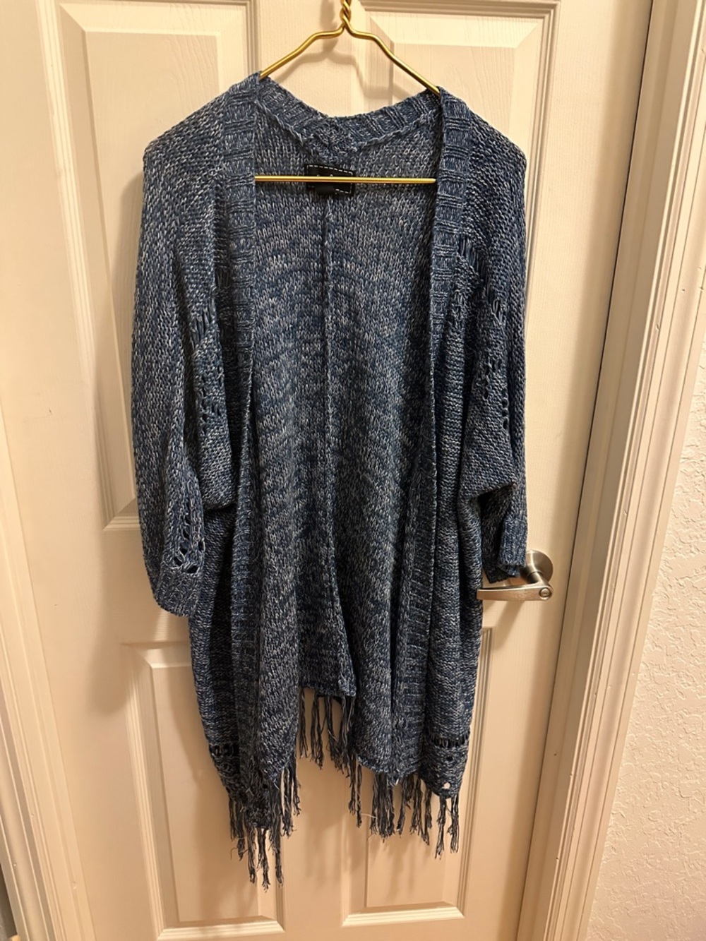 Open-Front Blue Knit Fringe Shrug - Lightweight Layering Poncho